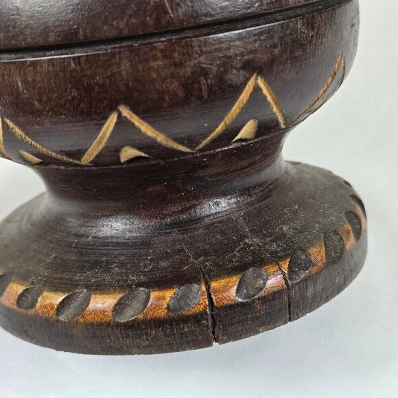 Vintage Handcarved Dark Wooden Footed Vase Folk Art Two Tone Brown - Picture 9 of 12